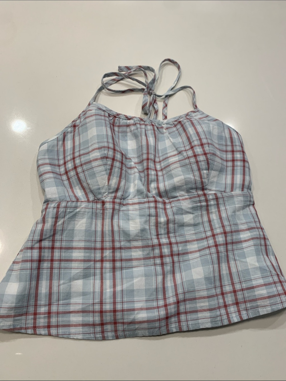 Abercrombie & Fitch Light Blue and Red Plaid Halter Tank Bra Free